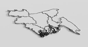 Raised outline map showing irregular electoral district boundaries